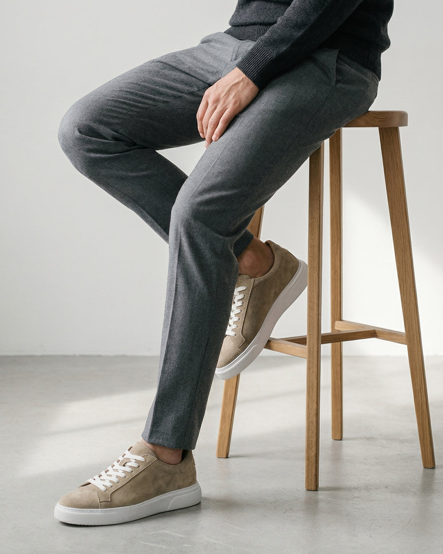 Beige & White Leather Sneakers +7 cm Height Increasing Shoes