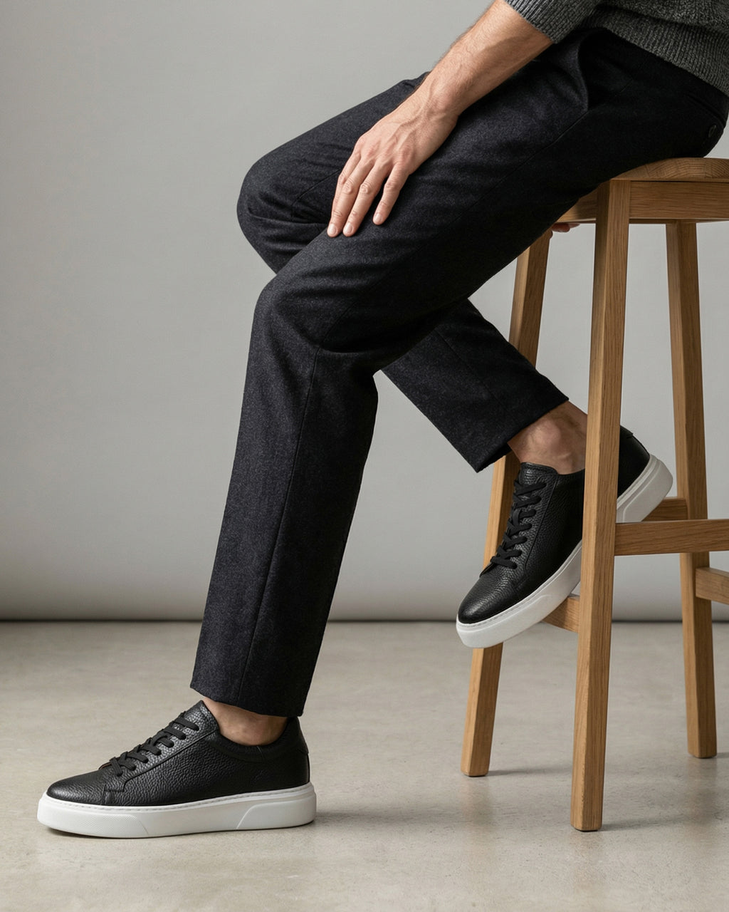 Black & White Leather Sneakers +7 cm Height Increasing Shoes