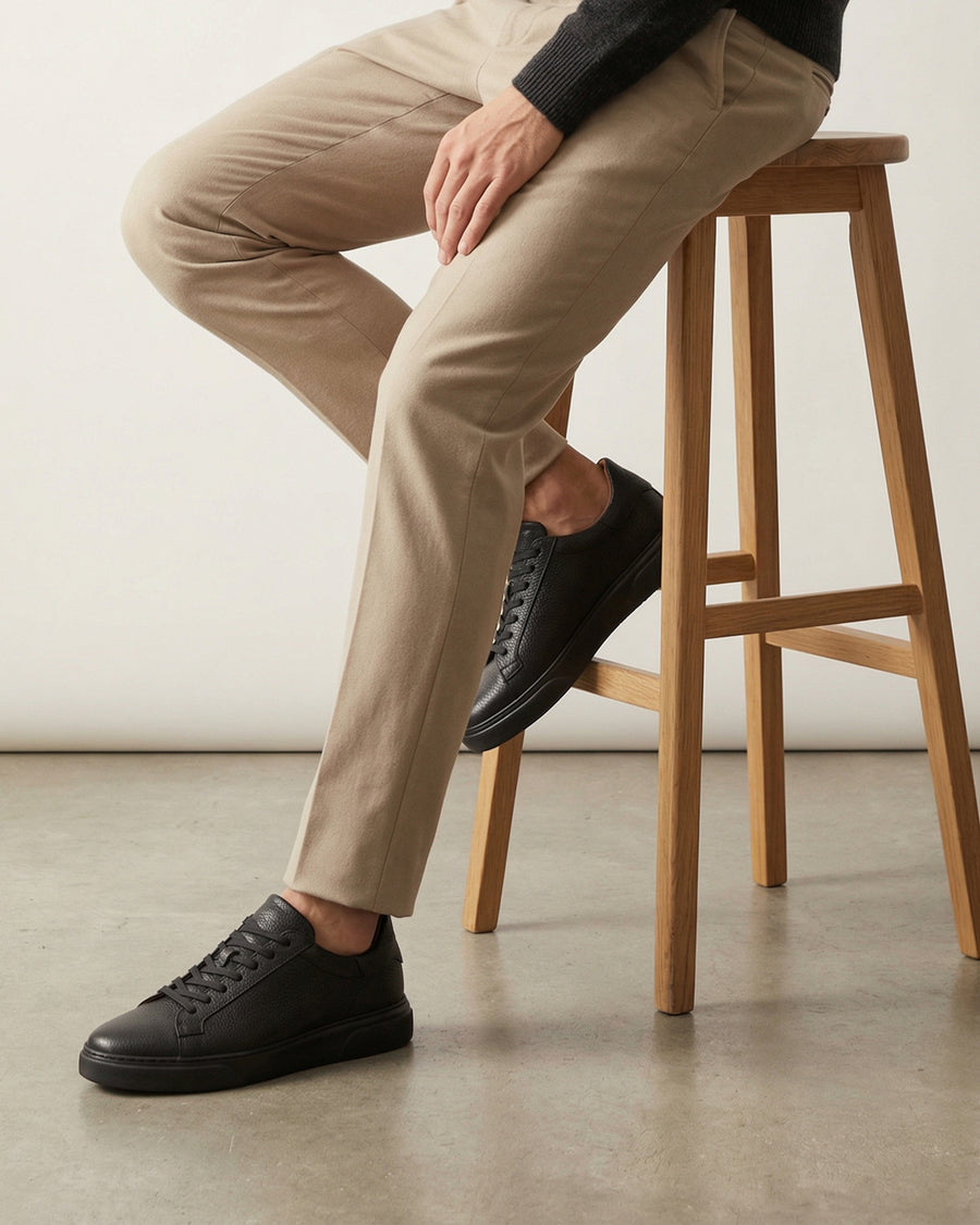 Black & Black Leather Sneakers +7 cm Height Increasing Shoes