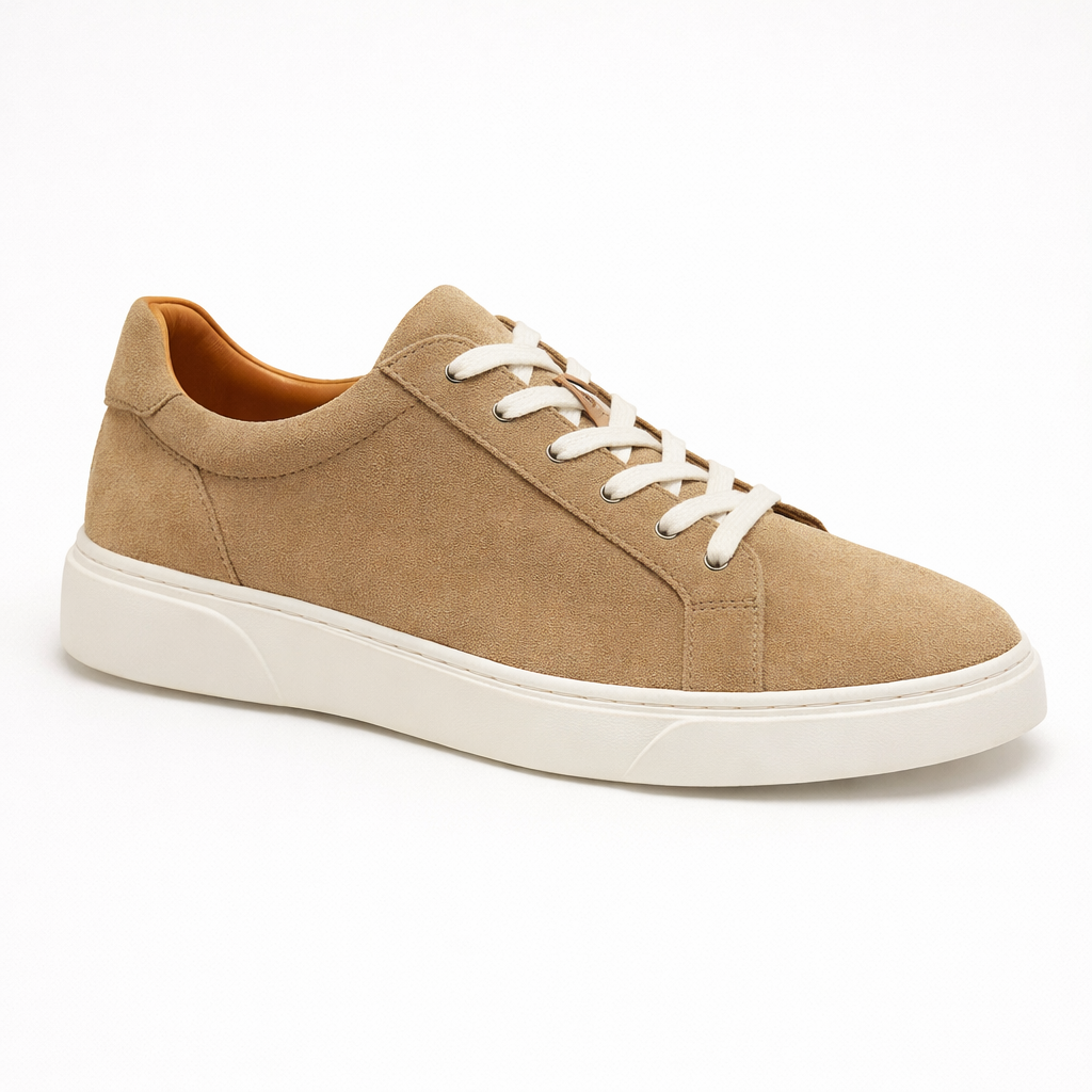 Beige & White Leather Sneakers +7 cm Height Increasing Shoes