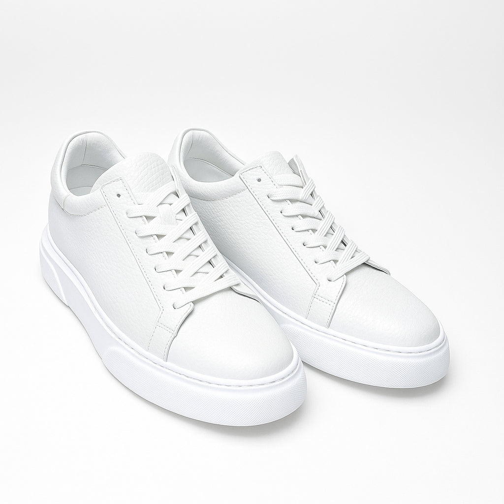 White & White Leather Sneakers +7 cm Height Increasing Shoes