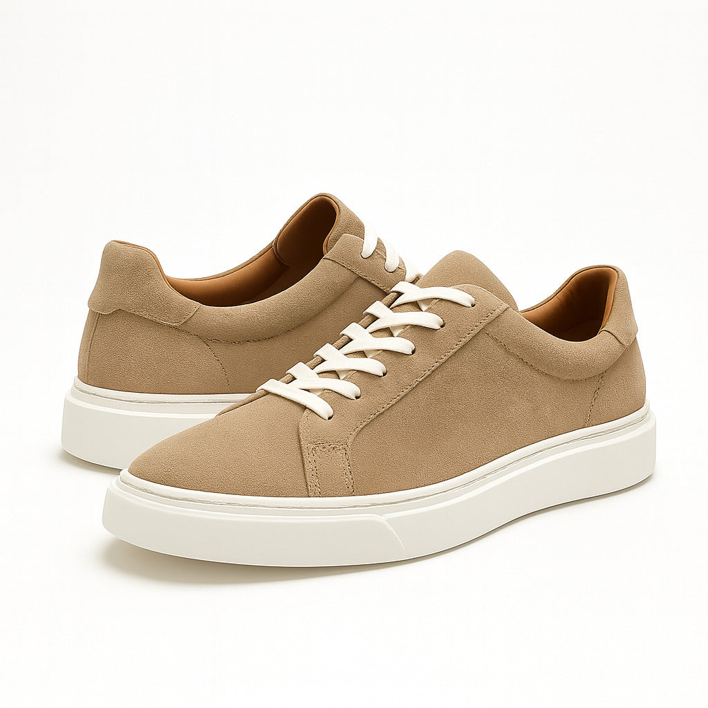 Beige & White Leather Sneakers +7 cm Height Increasing Shoes