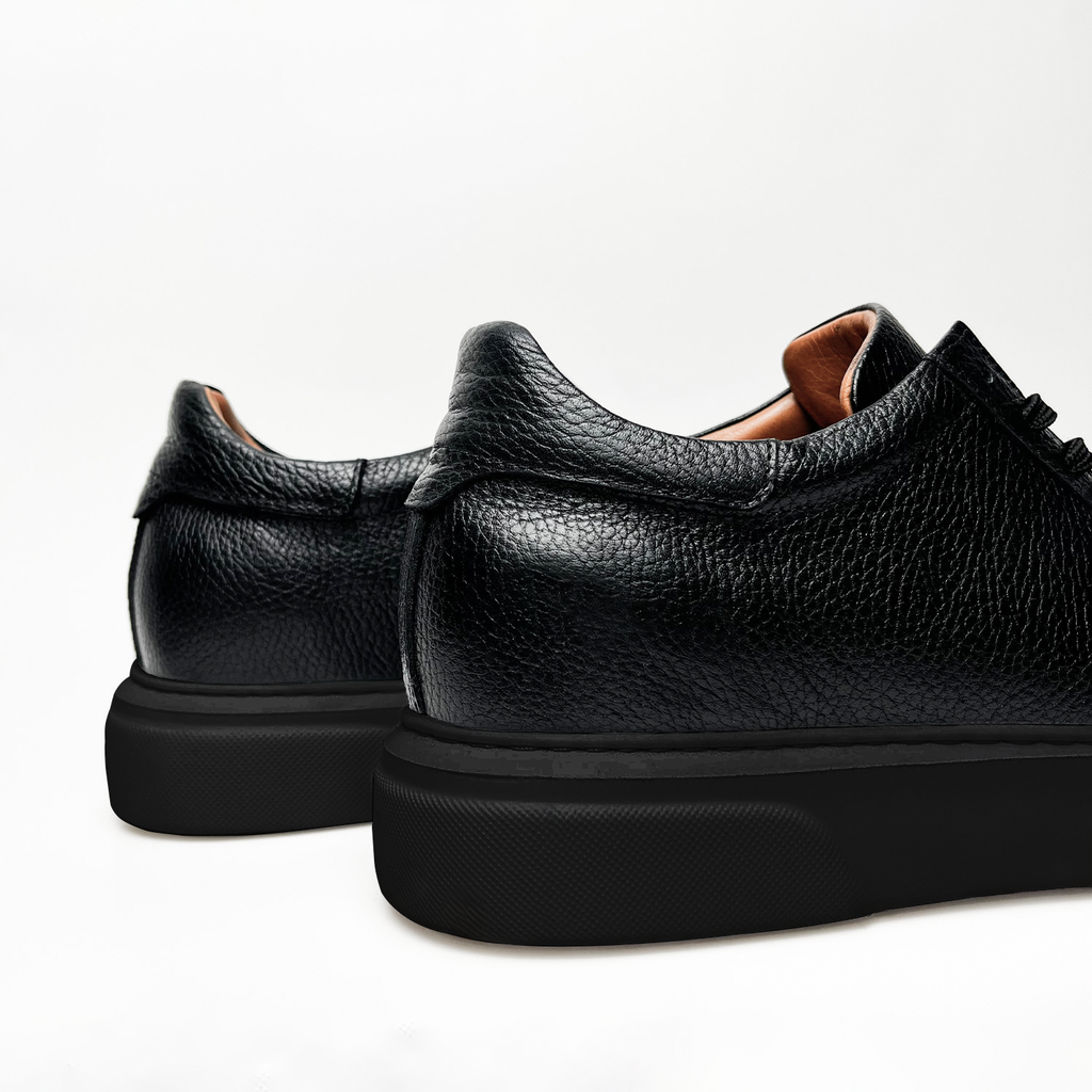 Black & Black Leather Sneakers +7 cm Height Increasing Shoes