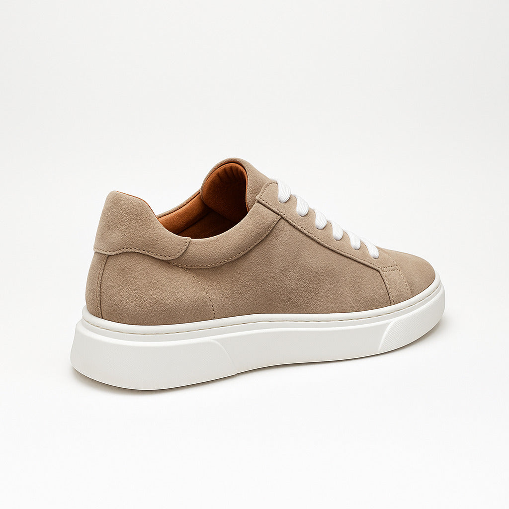 Beige & White Leather Sneakers +7 cm Height Increasing Shoes
