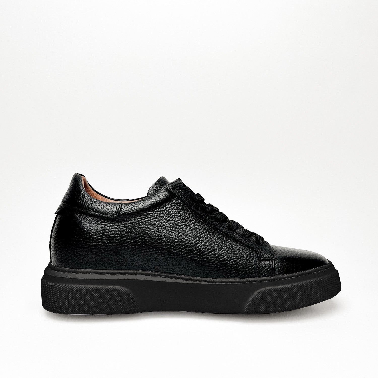 Black & Black Leather Sneakers +7 cm Height Increasing Shoes