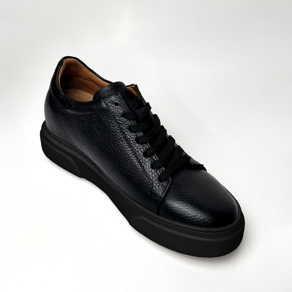 Black & Black Leather Sneakers +7 cm Height Increasing Shoes