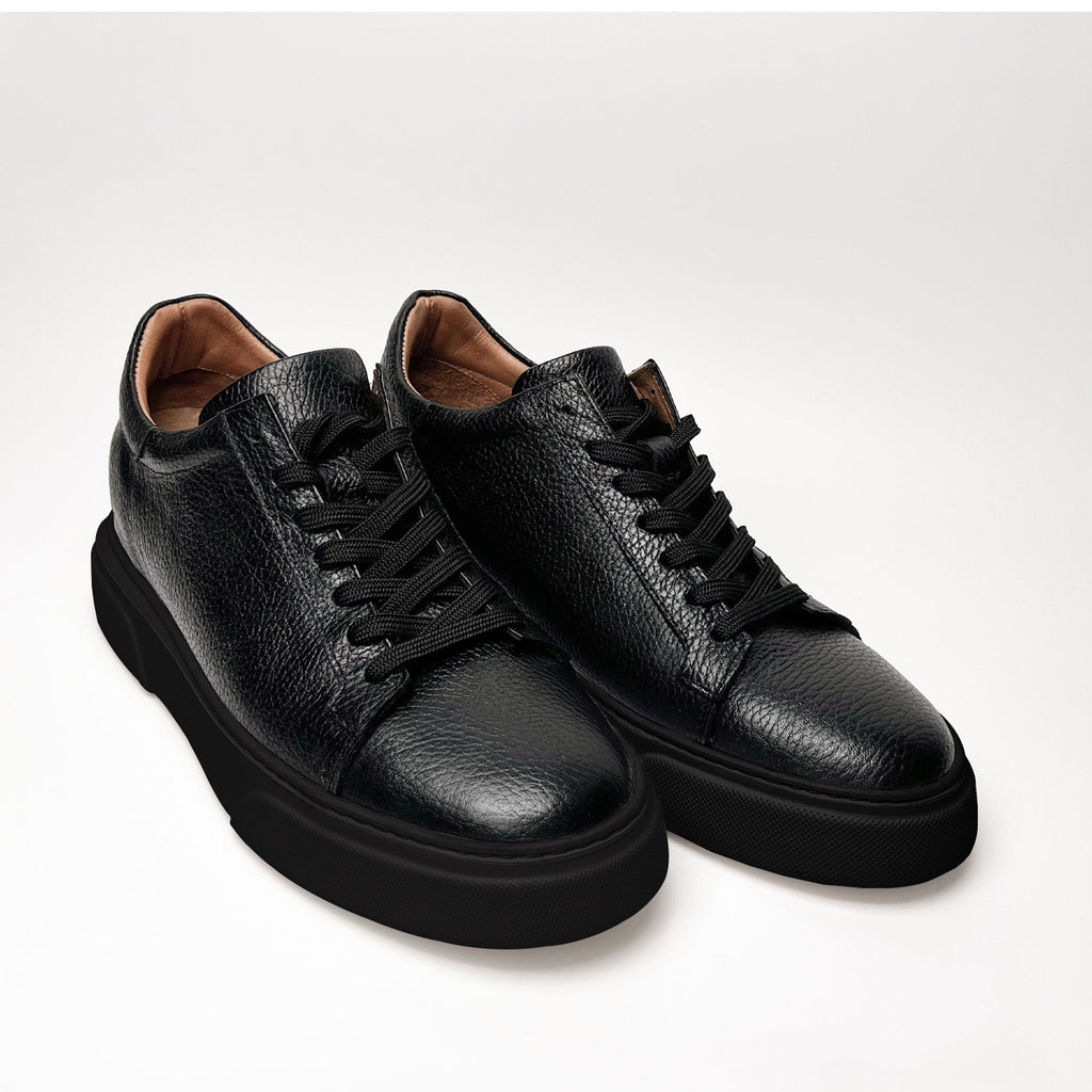 Black & Black Leather Sneakers +7 cm Height Increasing Shoes