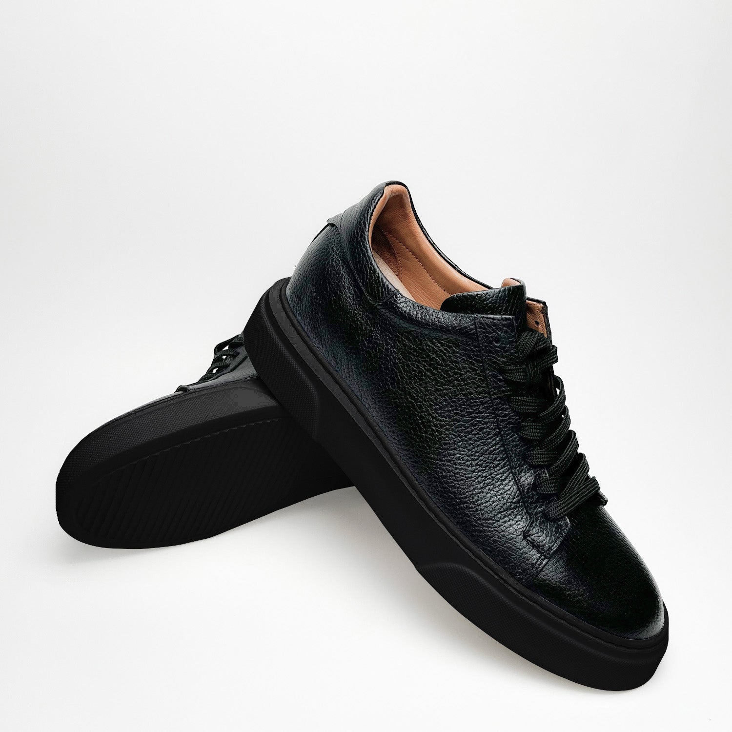 Black & Black Leather Sneakers +7 cm Height Increasing Shoes