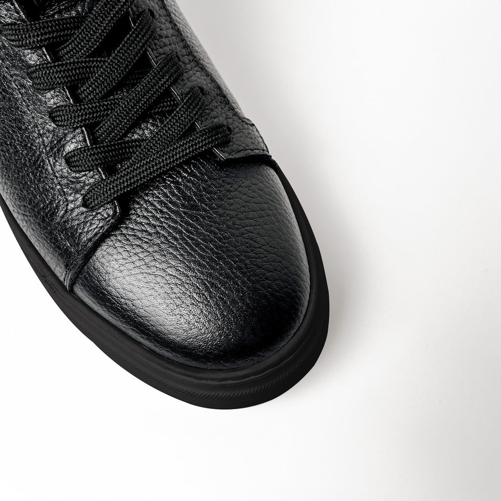 Black & Black Leather Sneakers +7 cm Height Increasing Shoes