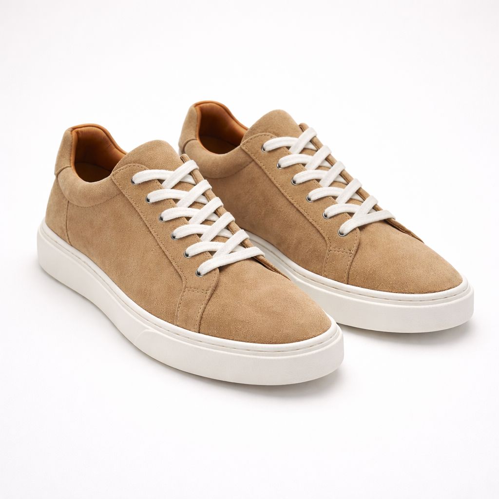 Beige & White Leather Sneakers +7 cm Height Increasing Shoes